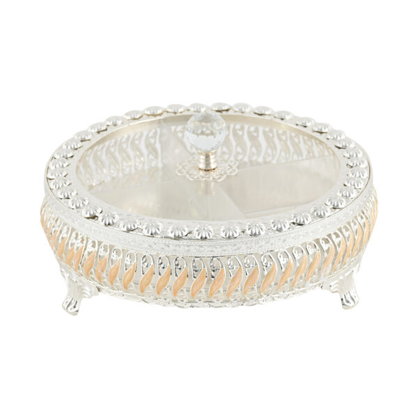 Elegant German Silver Orange Border Dry Fruit Box with Crystal Knob – Decorative 4-Section Storage Container for Dry Fruits, Sweets & Snacks