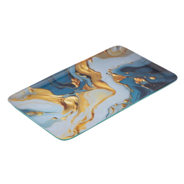 Metal Iron Serving Tray - 25x15 Cm Rectangular Blue and Gold Marble Pattern